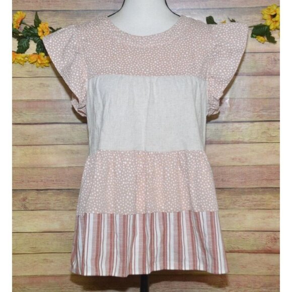 Entro Beige & Pink Cap Sleeve Tiered Blouse Top Size S Striped Polka Dots Cute - Picture 1 of 13